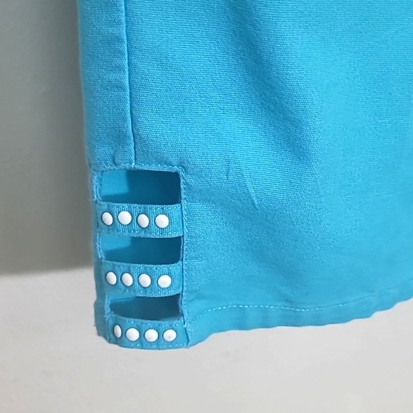 Alfred Dunner Capri Pants turquoise blue white ladder stud leg detailing pockets - Picture 2 of 6